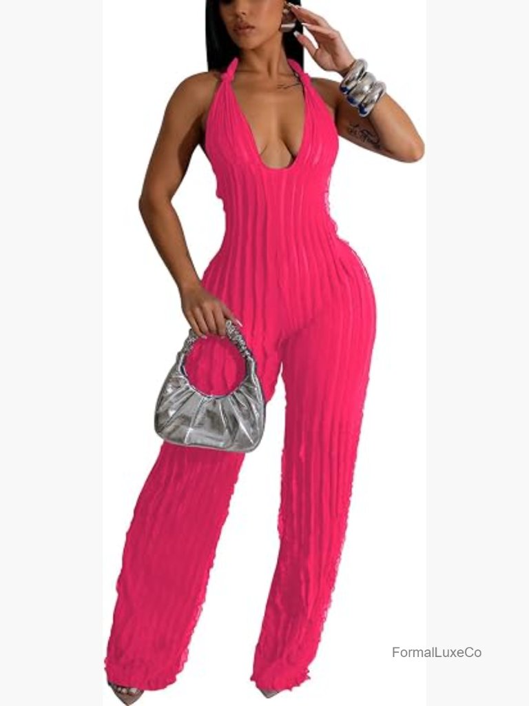 Sexy Halter Jumpsuit V Neck Tie Knot Pleated One Piece Wide Leg Pants Romper
